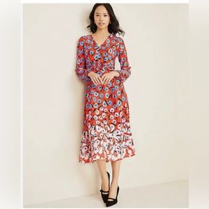 CUTE Ann Taylor Multicolored Poppy Belted Midi Dress-red/blue-size 14, NWT